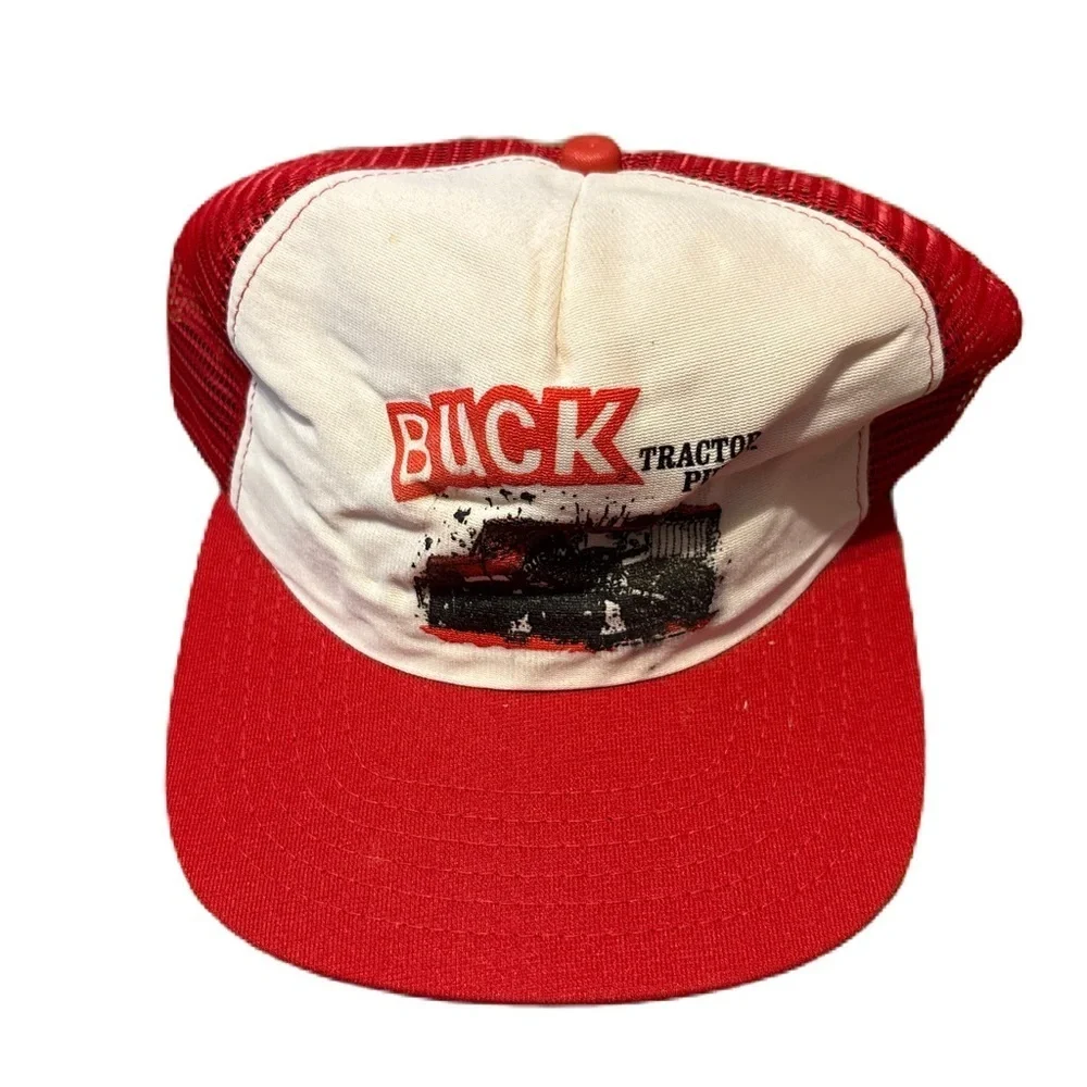Vintage 80s 90s Buck Tractor Pulls Red Snapback Mesh Trucker Hat Cap